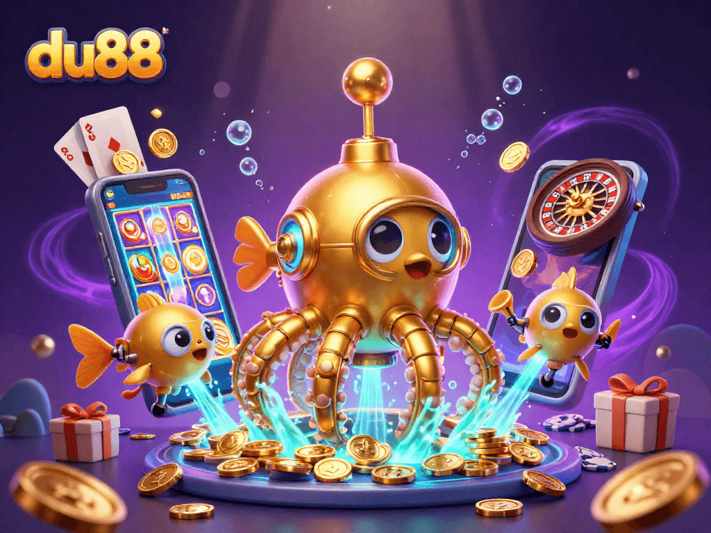 Spin to win with du88’s cartoon kraken submarine amidst golden coins and vibrant slot games.