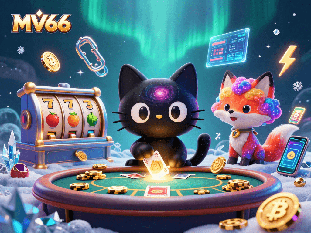 MV66 casino cat attracts chips and cards at a cosmic table in vibrant space.