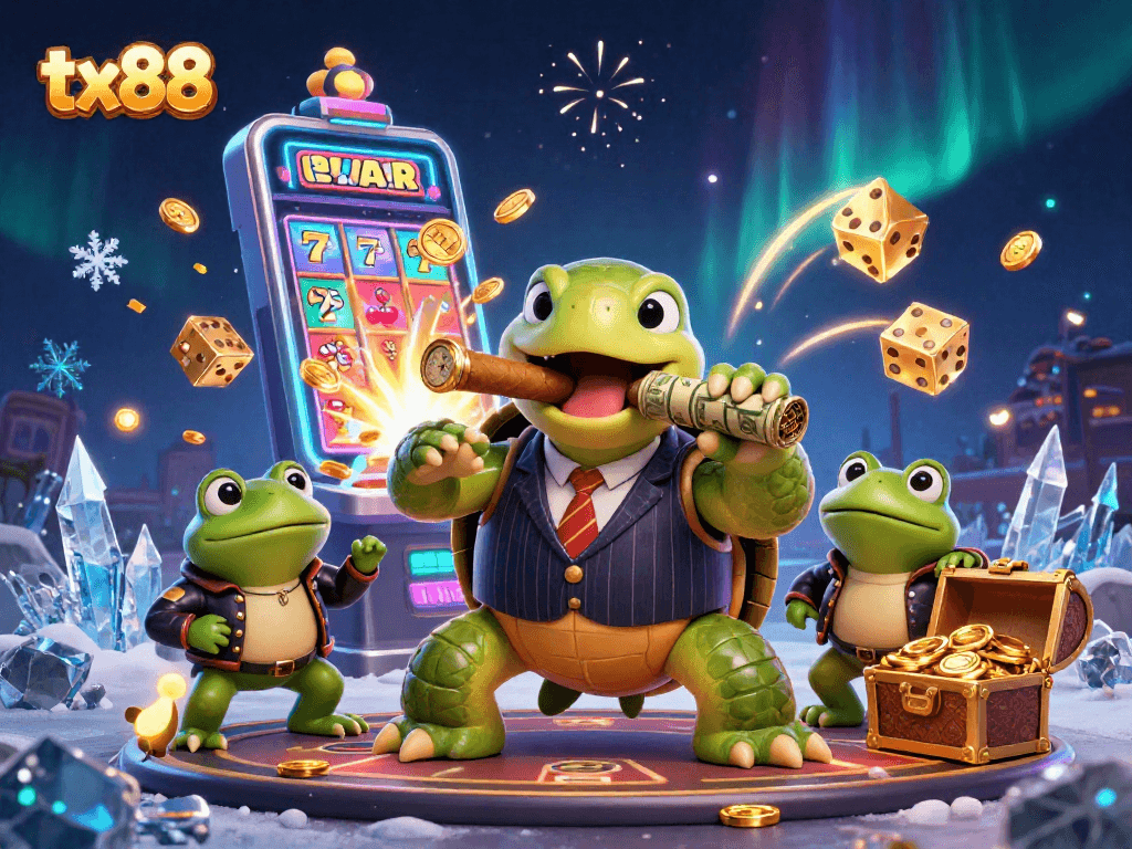 Win big with tx88 at a vibrant casino scene featuring a snapping turtle mobster and bullfrog enforcers.