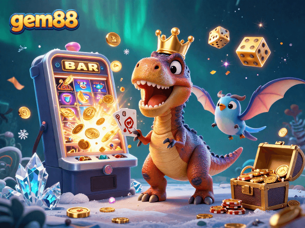 Experience the excitement of gem88 as friendly T-Rex dances with cards amid slot machine fireworks.