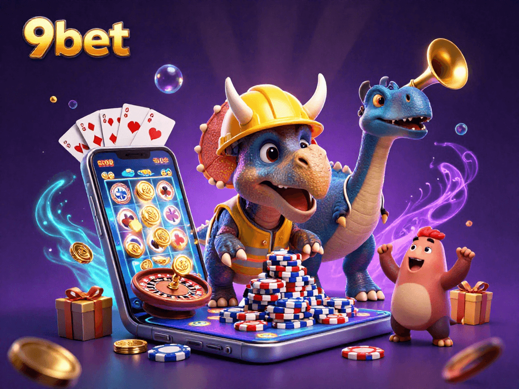 Engage with the thrilling casino scene featuring 9bet's vibrant gaming elements and characters.