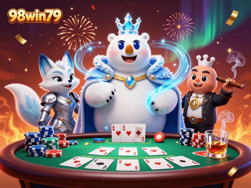 Engage in thrilling poker at 98win79 with a vibrant 3D scene of a royal bear and fox