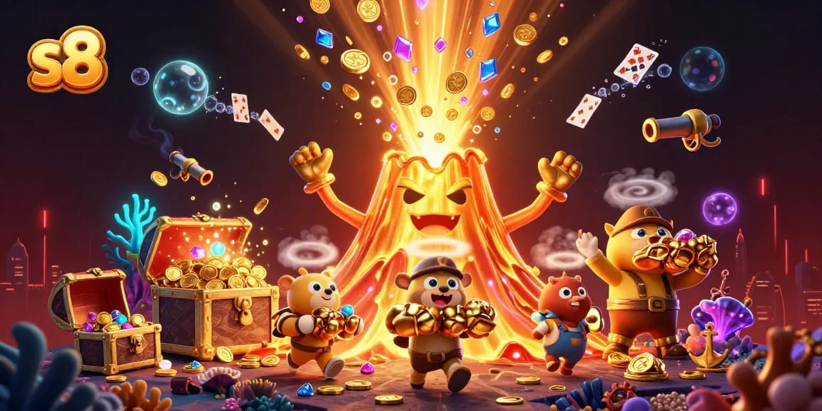 Experience the dynamic world of s8 as treasure spills from a volcano amidst a vibrant casino atmosphere.