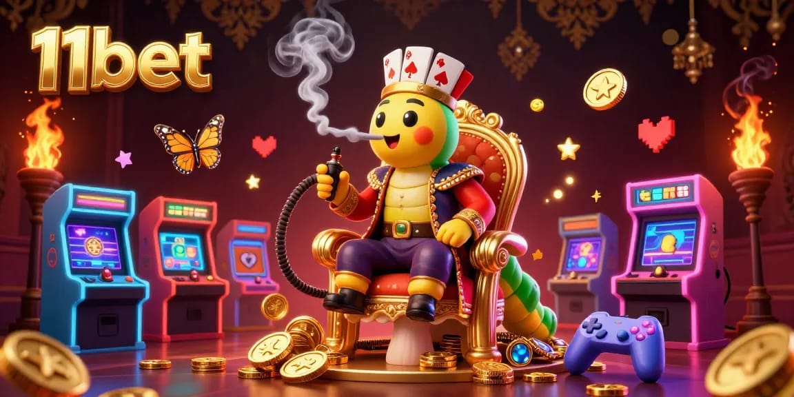 Experience gaming excitement with 11bet's vibrant casino illustration showcasing colorful characters and gaming elements.