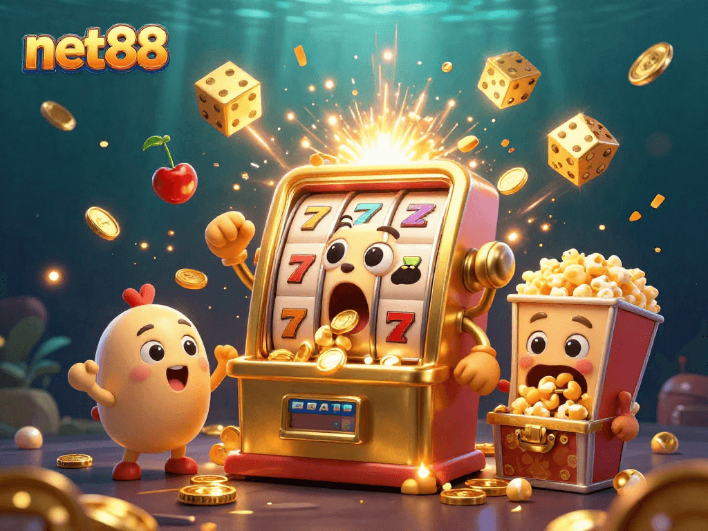 Experience the excitement of net88 with animated slot machines celebrating massive wins and a treasure splash.