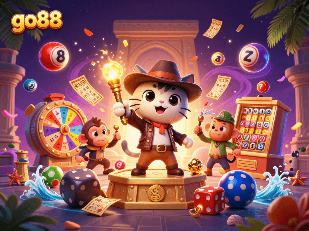 Engage with go88's vibrant lottery scene featuring a treasure-hunting cat and monkey amidst excitement.