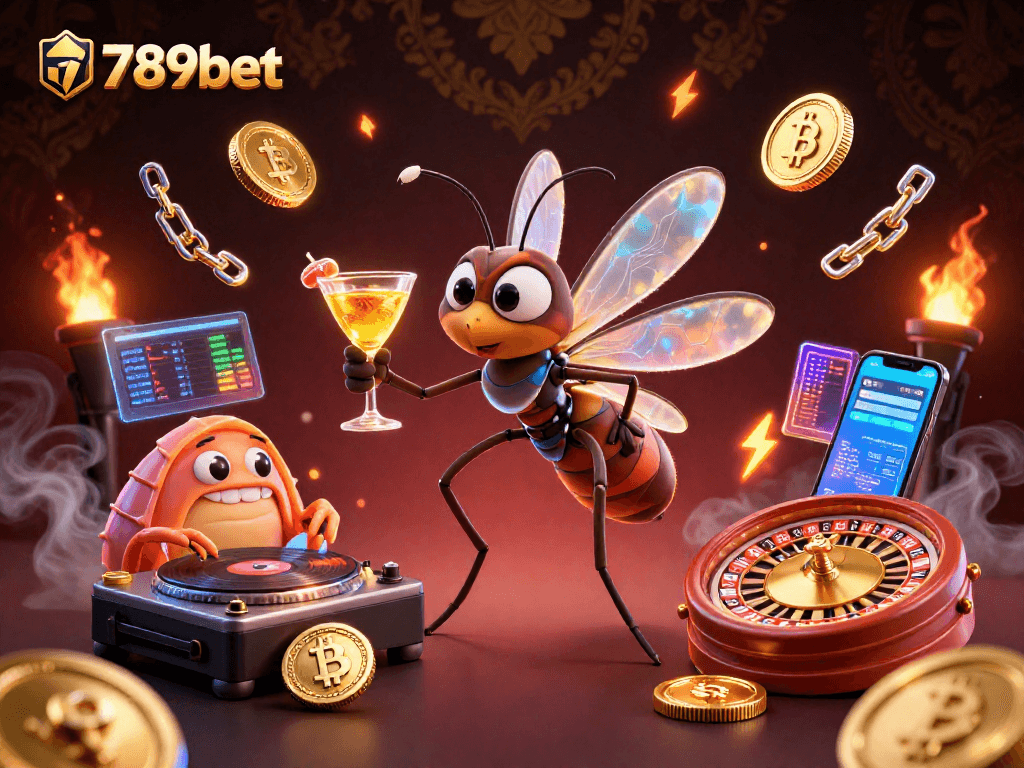 Experience the thrill of 789bet with a lively casino scene featuring animated characters and neon crypto elements.