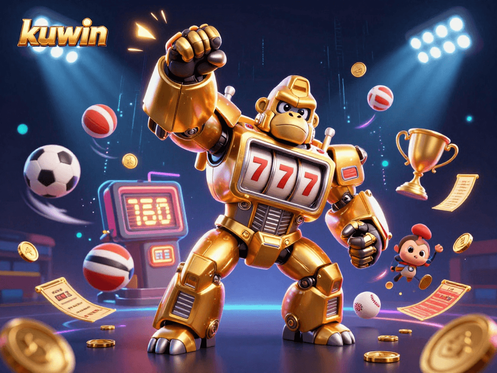 Engage with kuwin through a dynamic gaming world featuring a golden gorilla mech, sports elements, and vibrant casino themes.