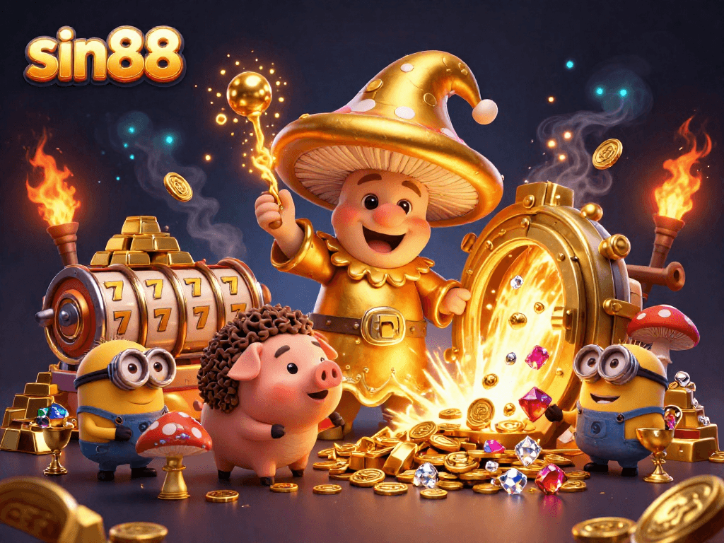 Spin sin88 slots with magical characters amidst abundant treasures and gold elements.
