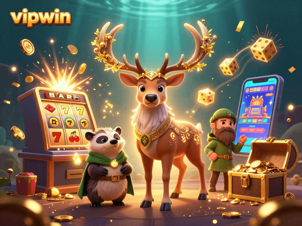 Spin to win with vipwin's exciting slot explosion, featuring enchanting characters and vibrant casino elements.