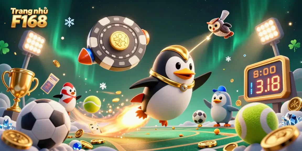 Engaging illustration showcasing Trang chủ F168 with a golden penguin and gambling elements flying around.