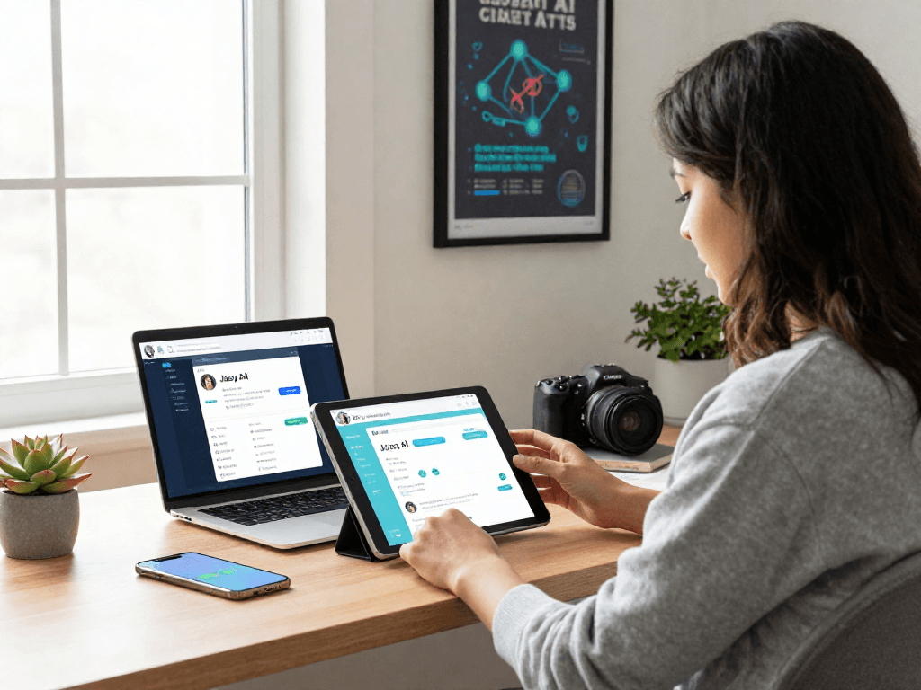 User engaging with juicy chat ai on a tablet in a modern home office.