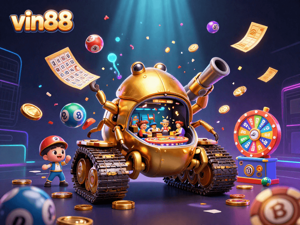 Experience vin88 excitement with a lively casino scene in a 3D cartoon illustration.