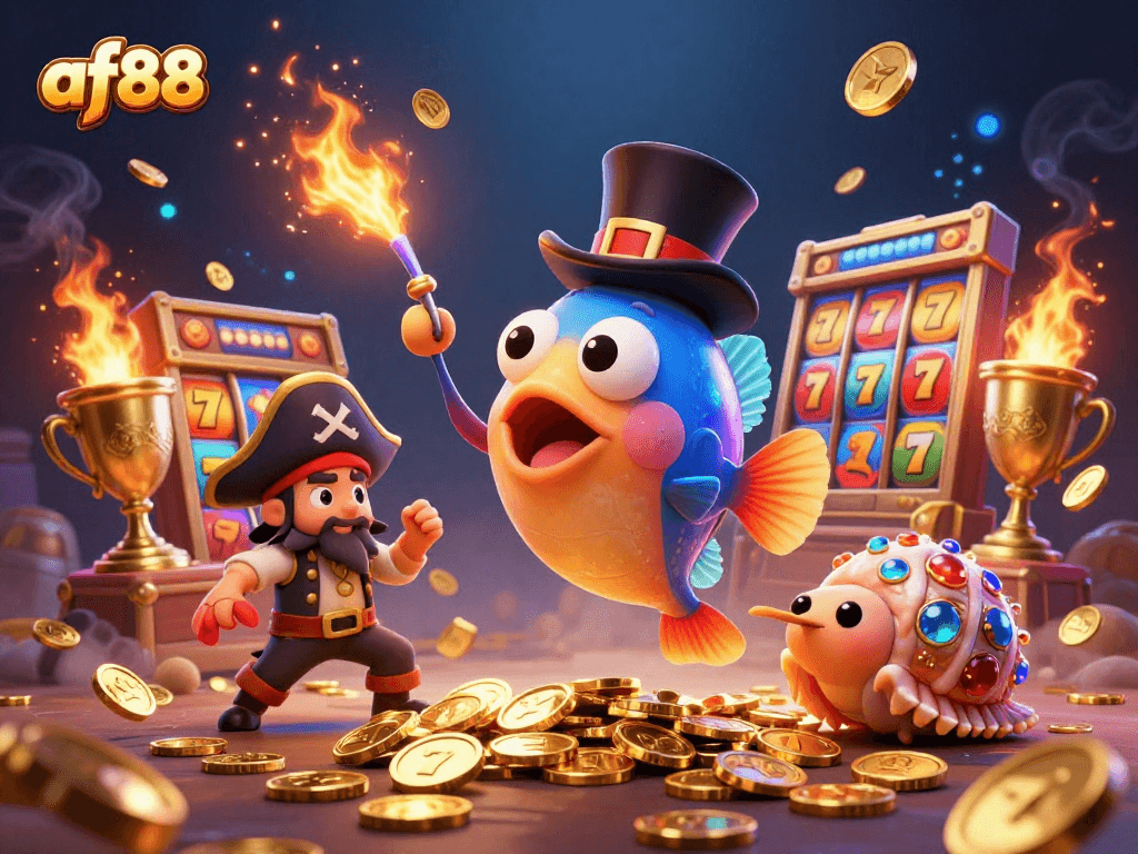 Engage with af88's thrilling slots experience featuring vibrant jackpot reels and lucky symbols in this captivating illustration.