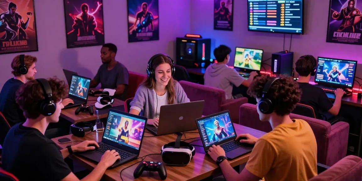Players immersed in porn games online in a lively gaming lounge atmosphere.