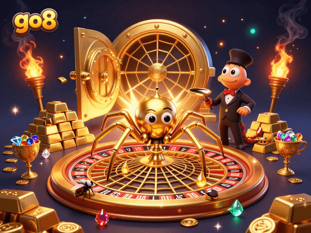 Engage with thrilling action at go8 as a golden spider weaves a roulette wheel amidst sparkling treasures.