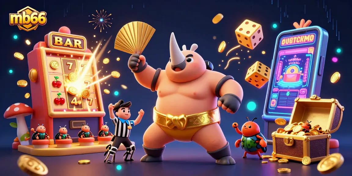 Experience thrilling gameplay at mb66 with vibrant visuals of a 3D beetle champion celebrating a jackpot victory.