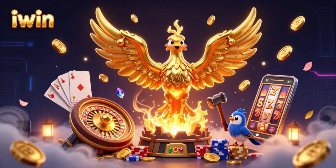 Engage with iwin's dynamic casino scene featuring a golden phoenix, vibrant game elements, and rich visuals.
