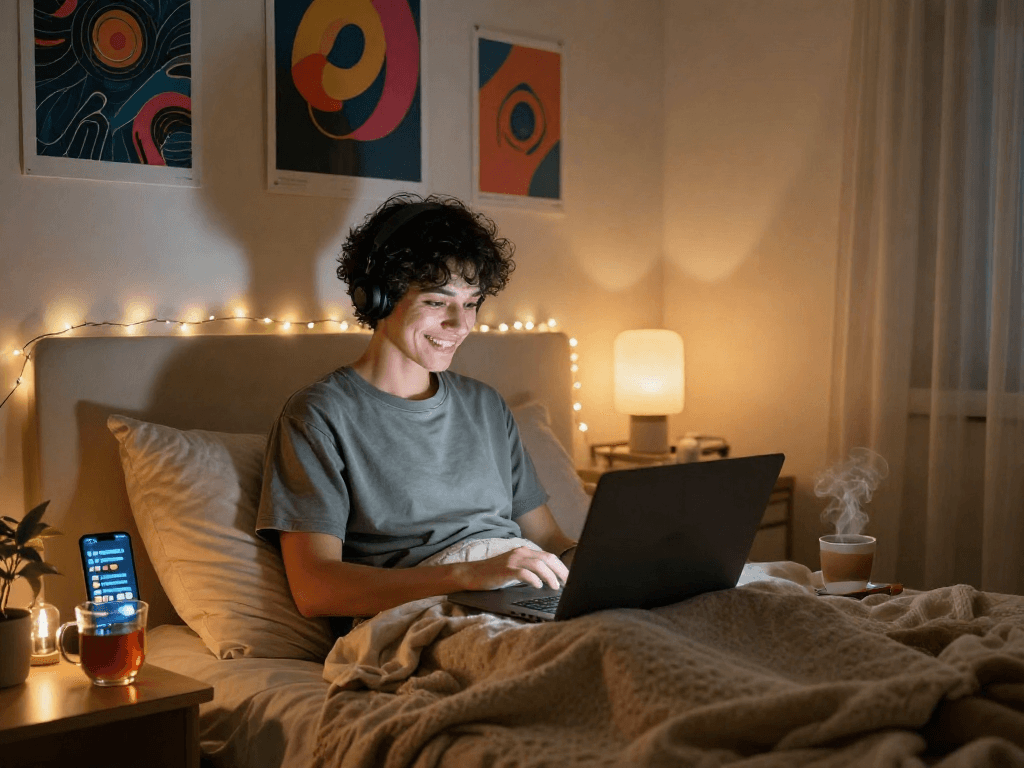 Engaging in a porn chat ai session in a cozy bedroom setting.