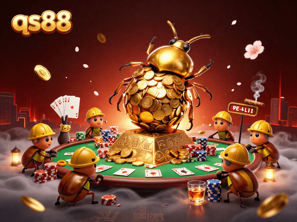 Experience the thrill of qs88 gaming with a vibrant scene of golden beetles and casino excitement.