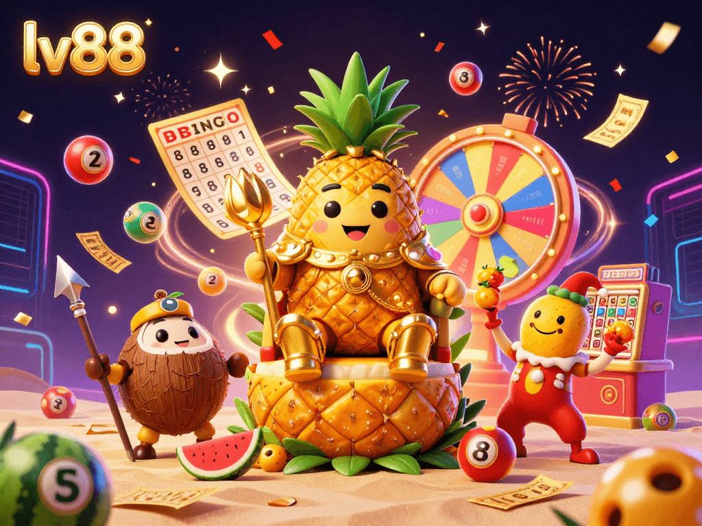 Experience the vibrant casino adventure at lv88 with colorful lottery elements and a golden pineapple king.