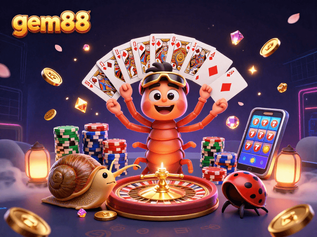 Experience the excitement of gem88 with a lively casino scene featuring a cartoon millipede dealer and high-rollers.