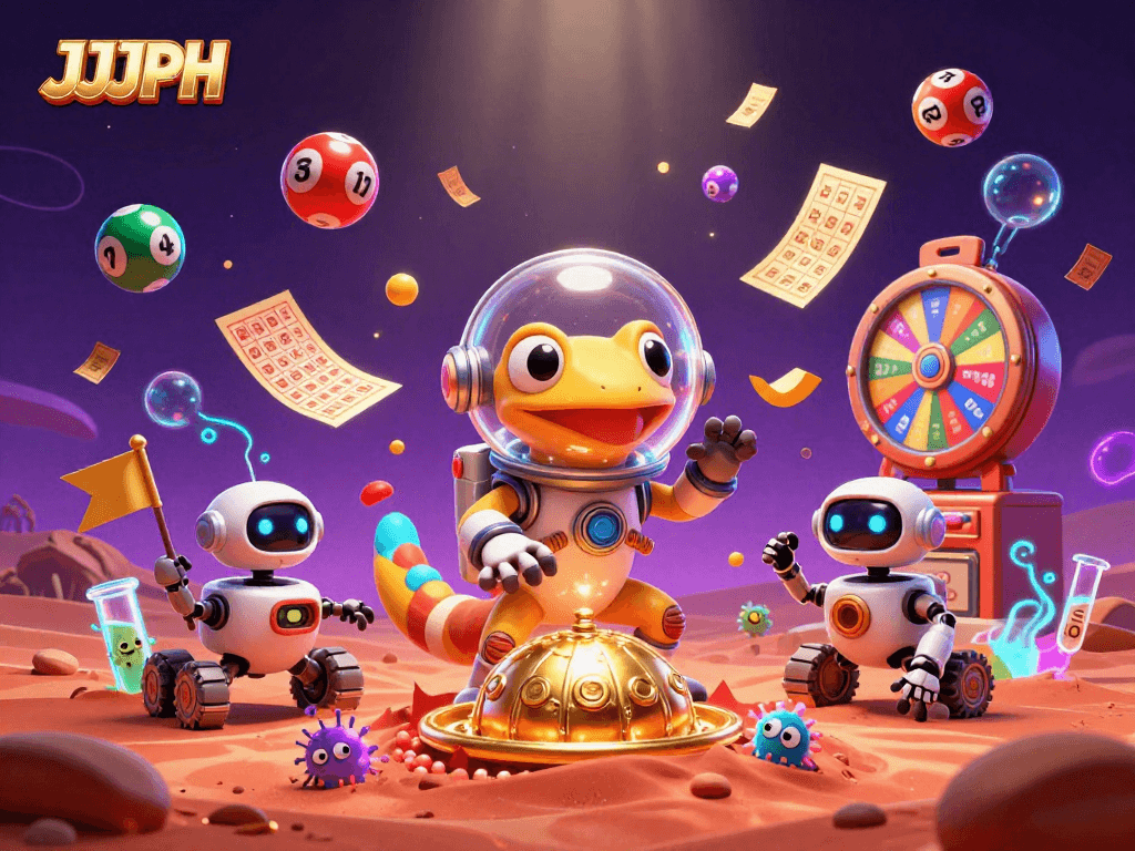 JJJPH na laro sa isang golden casino, masayang mga alien at loterya ng mga bola