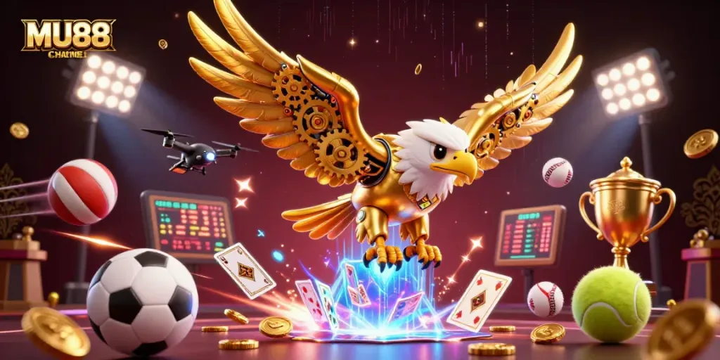 Experience the thrill of MU88 CHANNEL with an ultra-detailed 3D illustration of vibrant gaming action and elements.