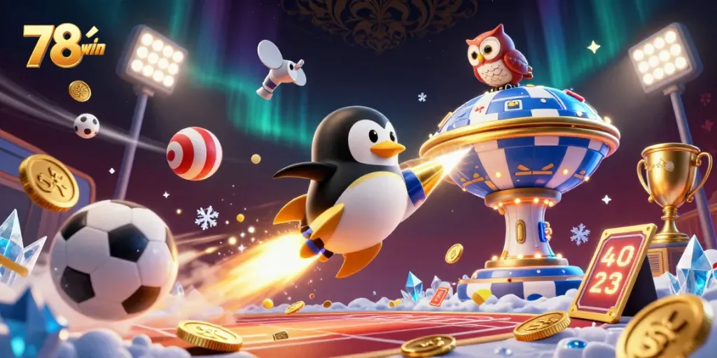 Bet on 78win as the golden penguin races through space towards a casino chip with excitement.