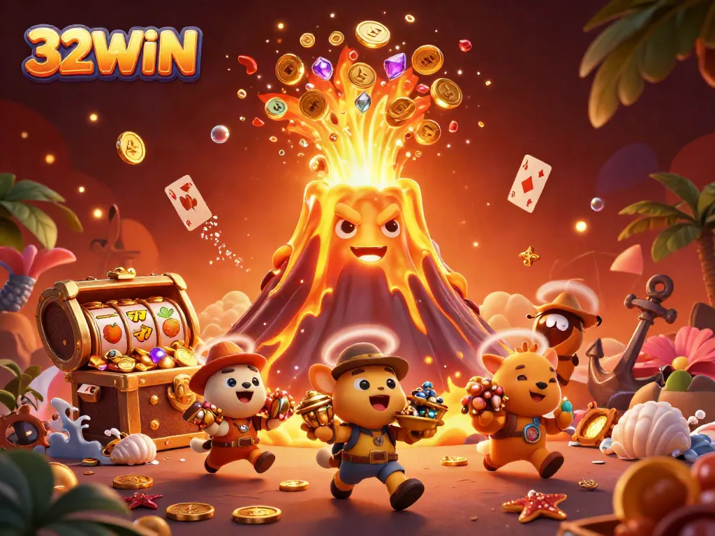 Engage with 32WIN's golden volcano erupting treasures showcasing dynamic slots and casino fun.