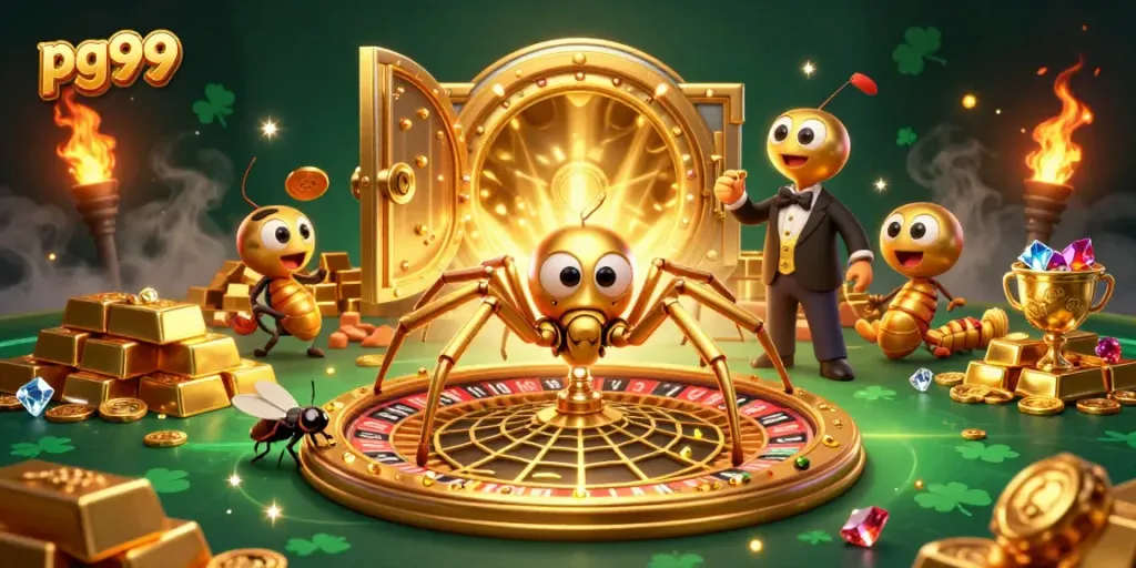 Experience exciting gameplay at pg99 with a golden spider croupier and roulette wheel scene.
