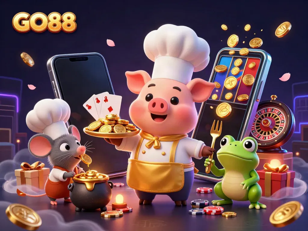 Join the fun at GO88, where iconic characters celebrate winning moments in a vibrant casino scene.