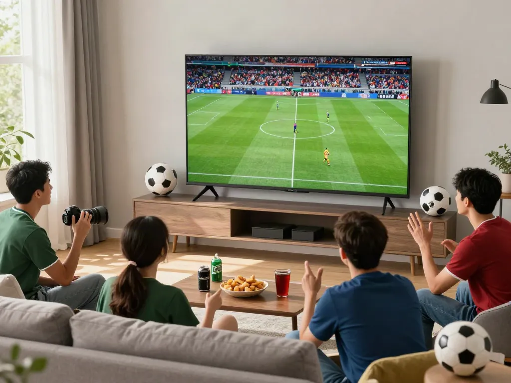 Fans enjoying an exciting match on GavangTV in a vibrant living room atmosphere