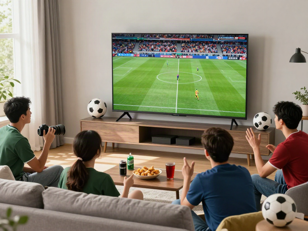 Fans enjoying an exciting match on GavangTV in a vibrant living room atmosphere