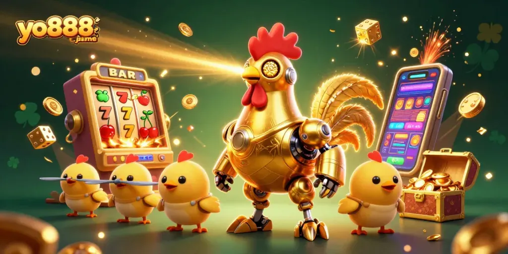 Experience thrilling gaming action at yo88-game with golden robots and jackpot explosions.