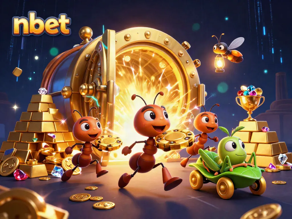Experience the excitement of nbet with a dynamic casino heist scene featuring ants and incredible treasures.