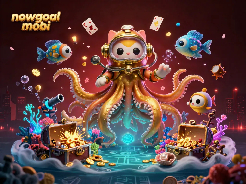 Experience the dynamic world of nowgoal mobi with a playful kraken and diving cat amidst treasure-filled excitement.