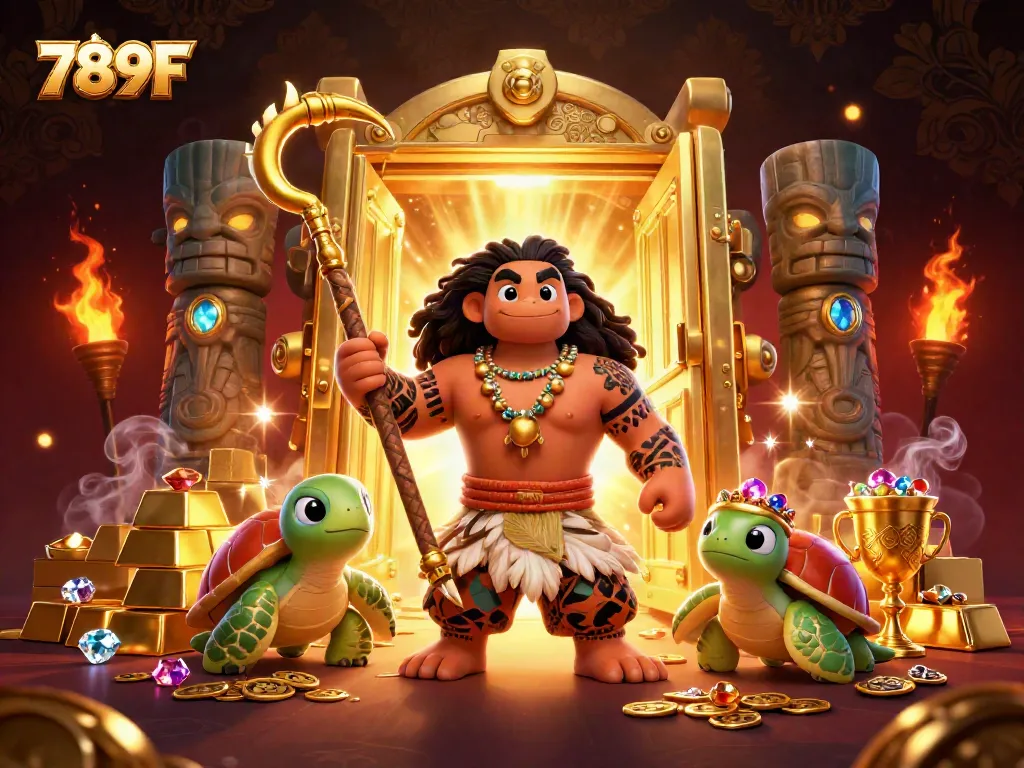 Try your luck with the vibrant 789F gaming scene featuring tribal-themed characters and treasure elements.