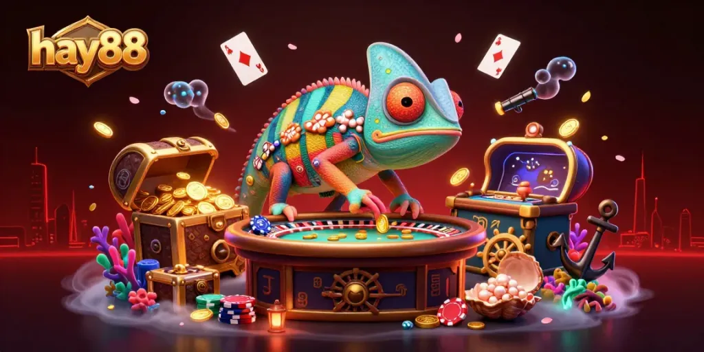 Engaging scene of hay88's chameleon casino owner capturing coins amidst vibrant casino elements.