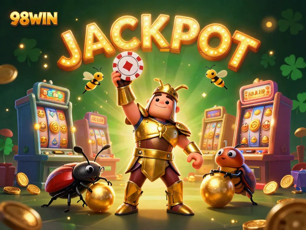 98WIN casino scene showcasing a victorious beetle lifting a poker chip with slot machines and vibrant golds surrounding.