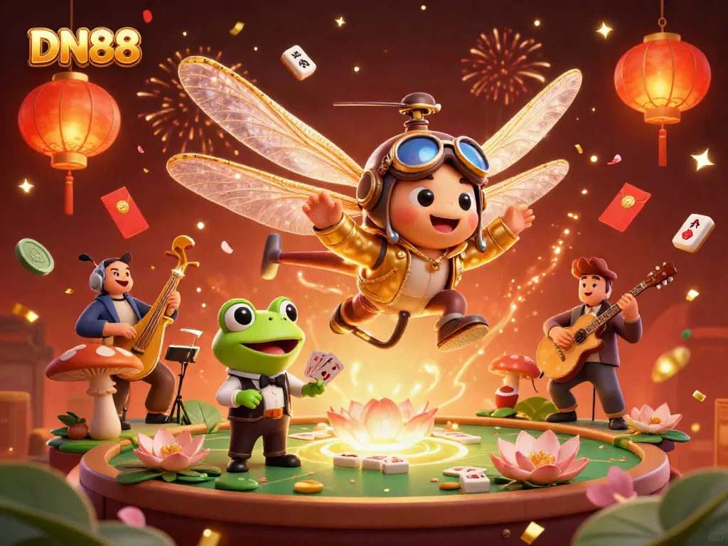 Engage with DN88's vibrant casino scene featuring a playful dragonfly pilot and lively frog croupier.