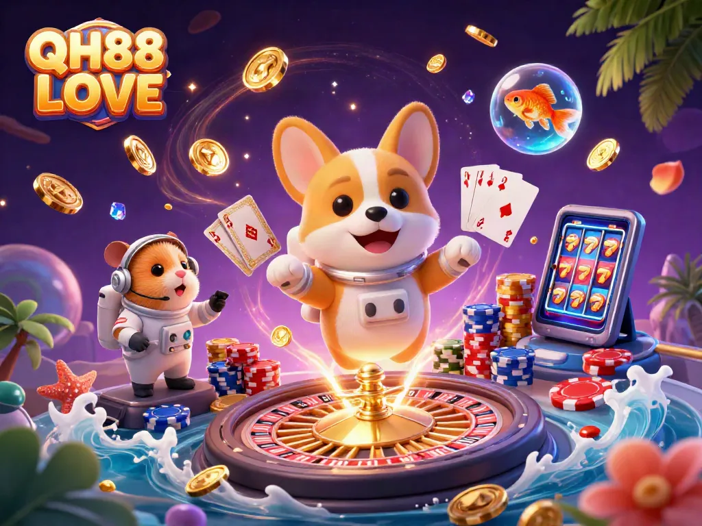 Experience QH88 LOVE in a vibrant space casino scene with floating characters and dynamic game elements.
