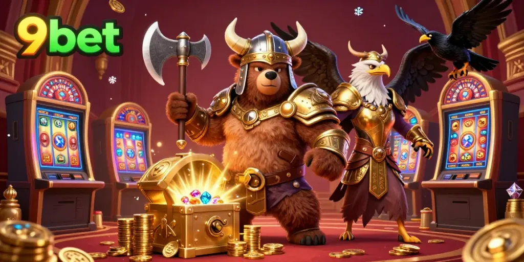 Experience thrilling gameplay with 9bet as a Viking bear and Valkyrie eagle celebrate casino wins.
