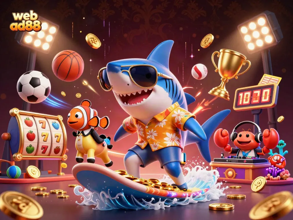 Engage in thrilling slots action with web ad88 while enjoying this vibrant 3D illustration of casino fun.