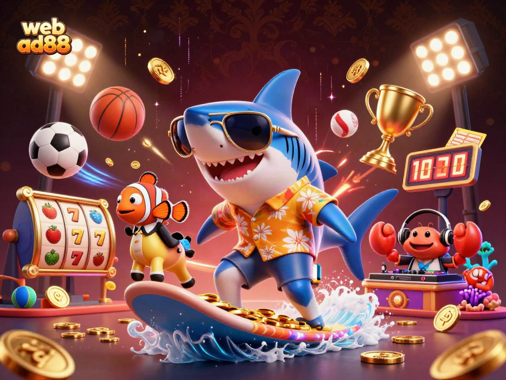 Engage in thrilling slots action with web ad88 while enjoying this vibrant 3D illustration of casino fun.