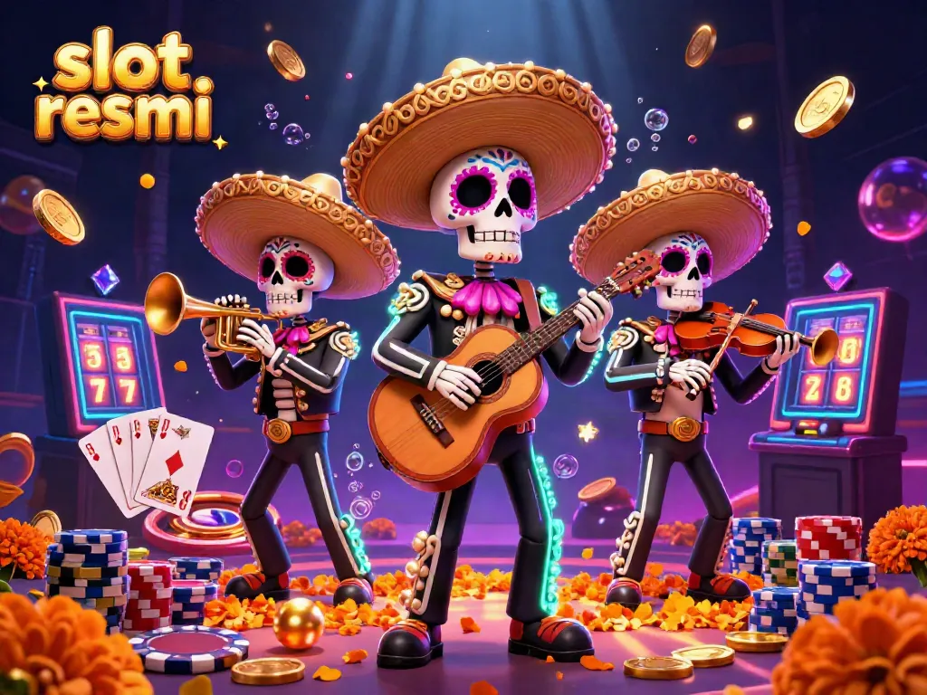 Engage with slot resmi as skeleton mariachi musicians celebrate around vibrant casino elements.