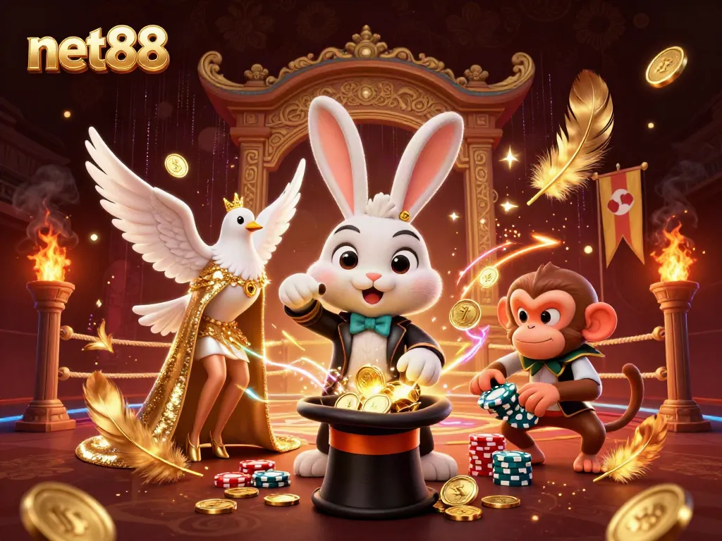 Experience the thrill of net88 with a dynamic casino scene featuring a magical rabbit, a dove, and a playful monkey.