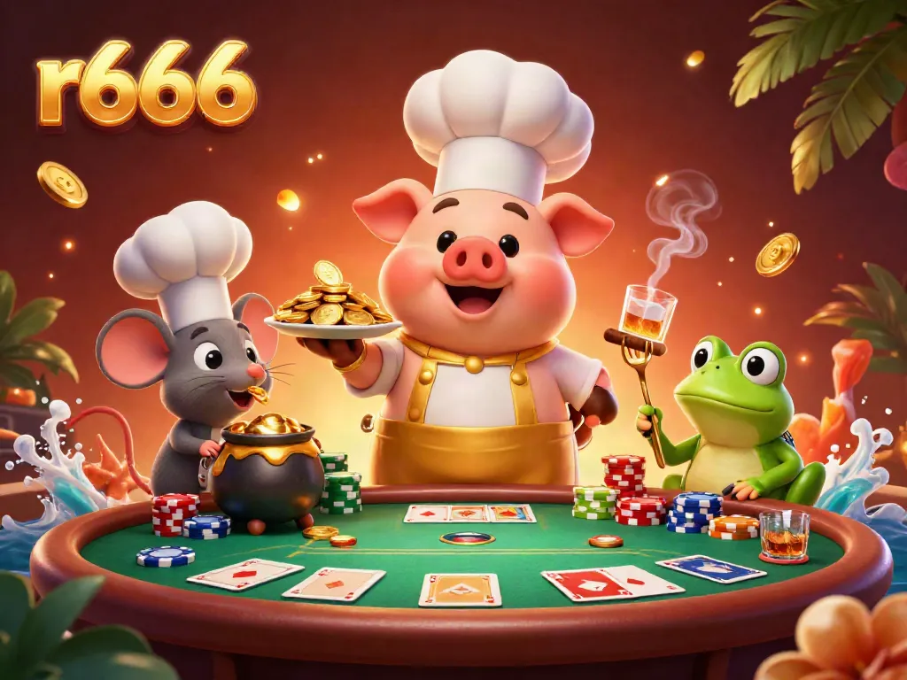 Experience winning excitement at r666's vibrant gaming scene filled with gold coins and poker chips.
