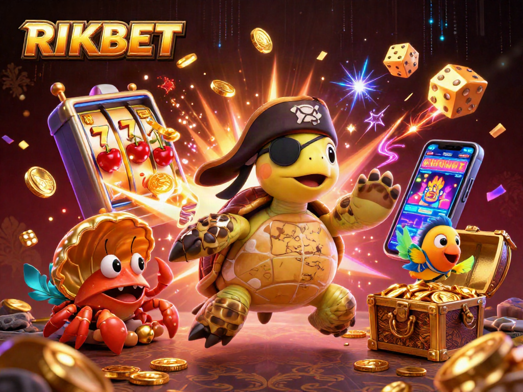 Experience RIKBET's thrilling slots with a pirate turtle, hermit crab, and parrotfish above a jackpot.
