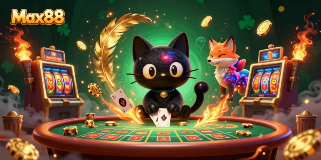 Max88 gaming scene featuring a black hole cat and nebula fox collecting chips and cards in a cosmic casino.